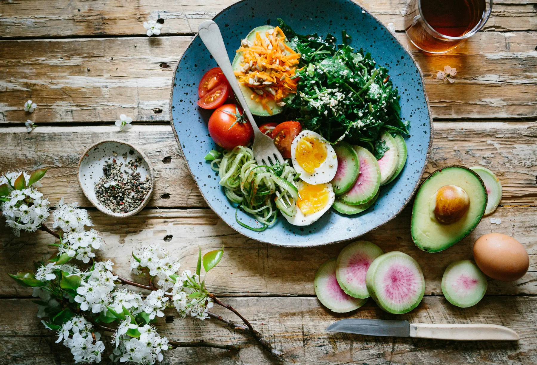 Colourful balanced meal with fruit, vegetables and familiar everyday food